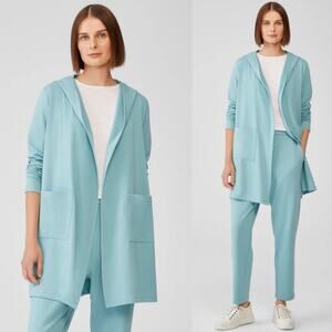Eileen Fisher Cozy Brushed Terry Hooded Jacket Size L Sea foam Coastal Lagenlook